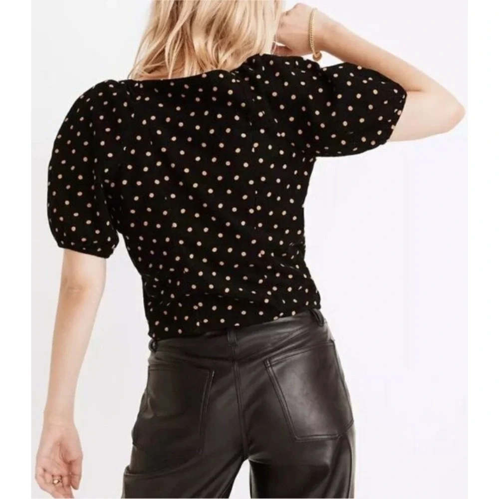 Madewell Black Polka Dot Corduroy Top Side Button Short Puff Sleeve XL NWOT